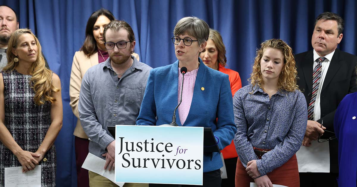 Rep. Julie Brixie (D-Meridian Township) speaks at the Justice for Survivors press conference on Thursday, April 27, 2023.