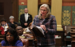 State Rep. Jenn Hill (D-Marquette) addresses the membership of the House on Friday, Nov. 3, 2023, at the state Capitol in Lansing.