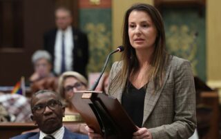 State Rep. Samantha Steckloff (D-Farmington Hills) speaks in favor of bills to create the Michigan Family Protection Act on Thursday, Nov. 9, 2023 at the state Capitol in Lansing.