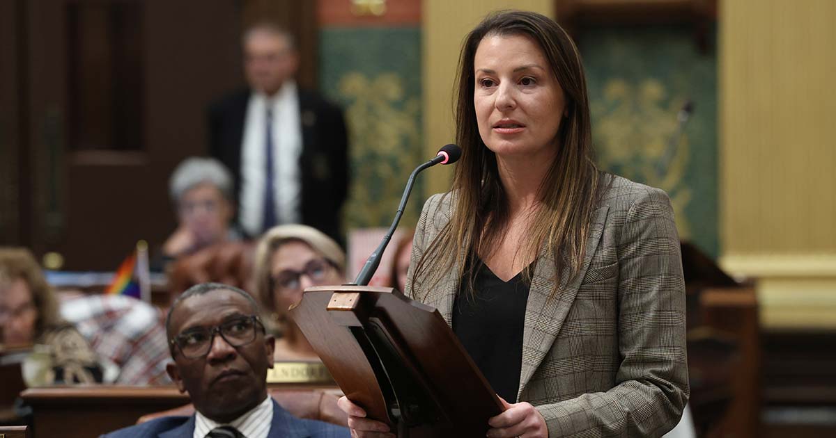 State Rep. Samantha Steckloff (D-Farmington Hills) speaks in favor of bills to create the Michigan Family Protection Act on Thursday, Nov. 9, 2023 at the state Capitol in Lansing.