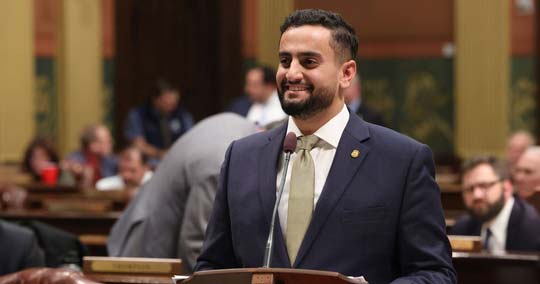 Majority Floor Leader Abraham Aiyash (D-Hamtramck) addresses the membership of the House on Thursday, Nov. 2, 2023, at the state Capitol in Lansing.