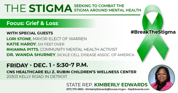 Infographic with information about Rep. Edwards' Stigma event on December 1.