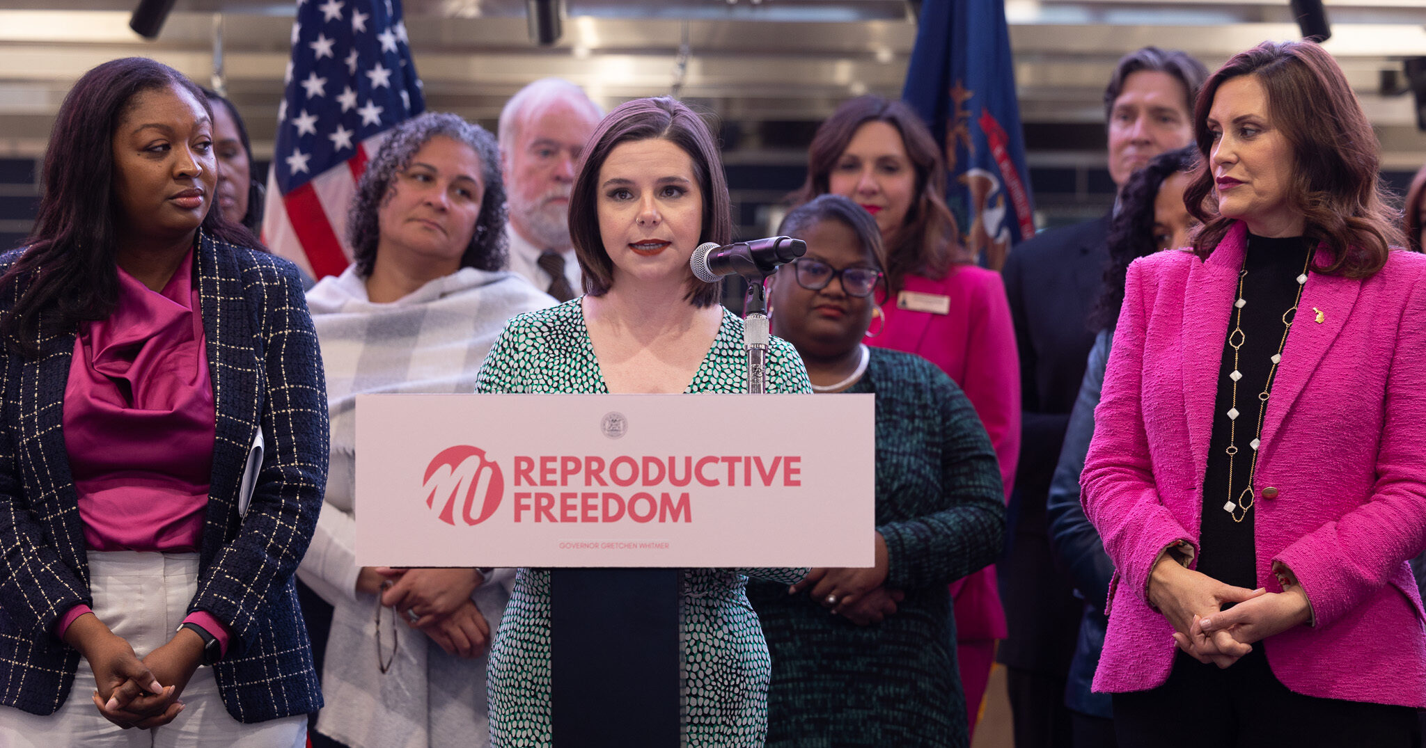 House Speaker Pro Tem Laurie Pohutsky (D-Livonia), chair of the Progressive Women’s Caucus, speaks during the Reproductive Health Act signing ceremony at Schoolcraft College in Livonia on Nov. 21, 2023.