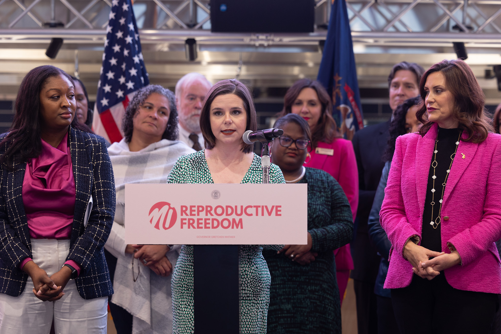 House Speaker Pro Tem Laurie Pohutsky (D-Livonia), chair of the Progressive Women’s Caucus, speaks during the Reproductive Health Act signing ceremony at Schoolcraft College in Livonia on Nov. 21, 2023.