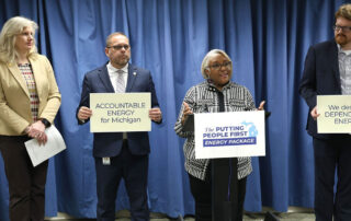 State Rep. Helena Scott (D-Detroit) speaks during a press conference announcing the Putting People First Energy Package on Wednesday, Nov. 8, 2023 in the House Office Building in Lansing. Also pictured, from left, are state Reps. Jenn Hill (D-Marquette), Mike McFall (D-Hazel Park) and Joey Andrews (D-St. Joseph).