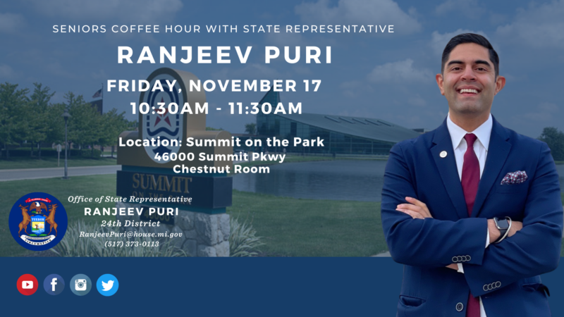Infographic with photo of Rep. Puri and details about his November 17 seniors coffee hour.