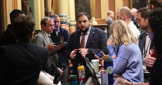 State Reps. Alabas Farhat (D-Dearborn) and Nate Shannon (D-Sterling Heights) speak to reporters about their HB 4606 and HB 4605, respectively, on Thursday, Nov. 2, 2023, at the Michigan Capitol in Lansing.