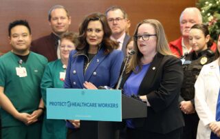 State Rep. Kelly Breen (D-Novi) speaks during the ceremony for the signing of House Bills 4520 and 4521 on Wednesday, Dec. 6, 2023 at Sparrow Hospital in Lansing.