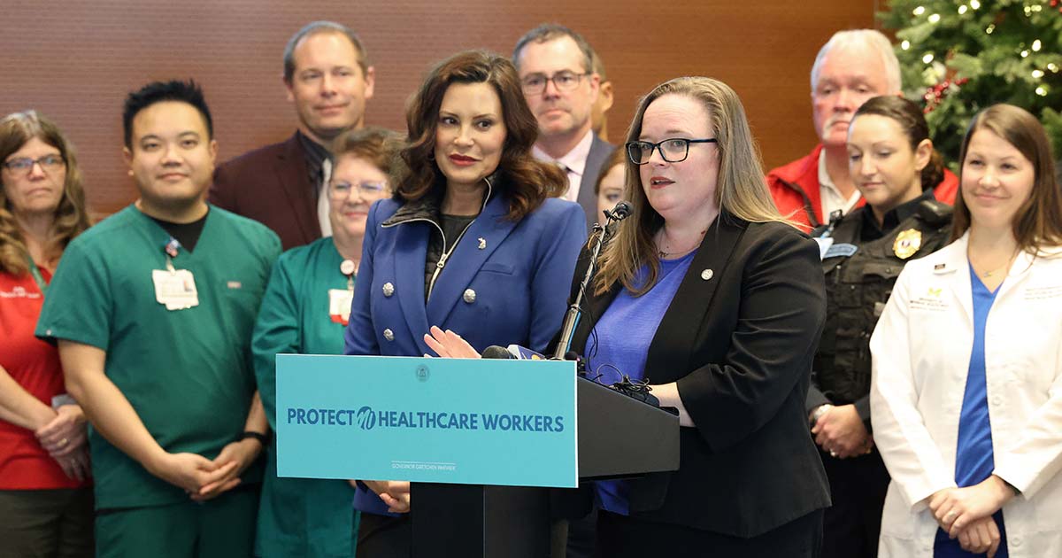 State Rep. Kelly Breen (D-Novi) speaks during the ceremony for the signing of House Bills 4520 and 4521 on Wednesday, Dec. 6, 2023 at Sparrow Hospital in Lansing.