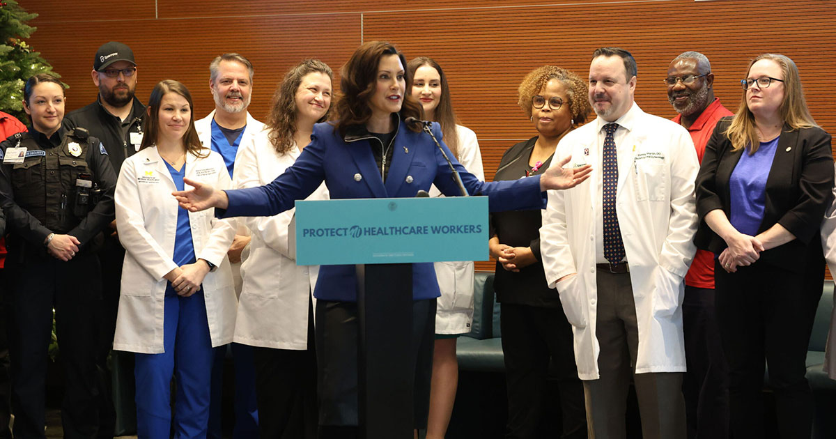 Gov. Gretchen Whitmer speaks at the signing of House Bills 4520-4521 on Dec. 6, 2023 at Sparrow Hospital in Lansing.