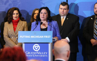 State Rep. Angela Witwer (Delta Township) speaks at the signing ceremony for two year-end budget bills on Monday, Dec. 18, 2023 at the Pew Campus of Grand Valley State University in Grand Rapids.