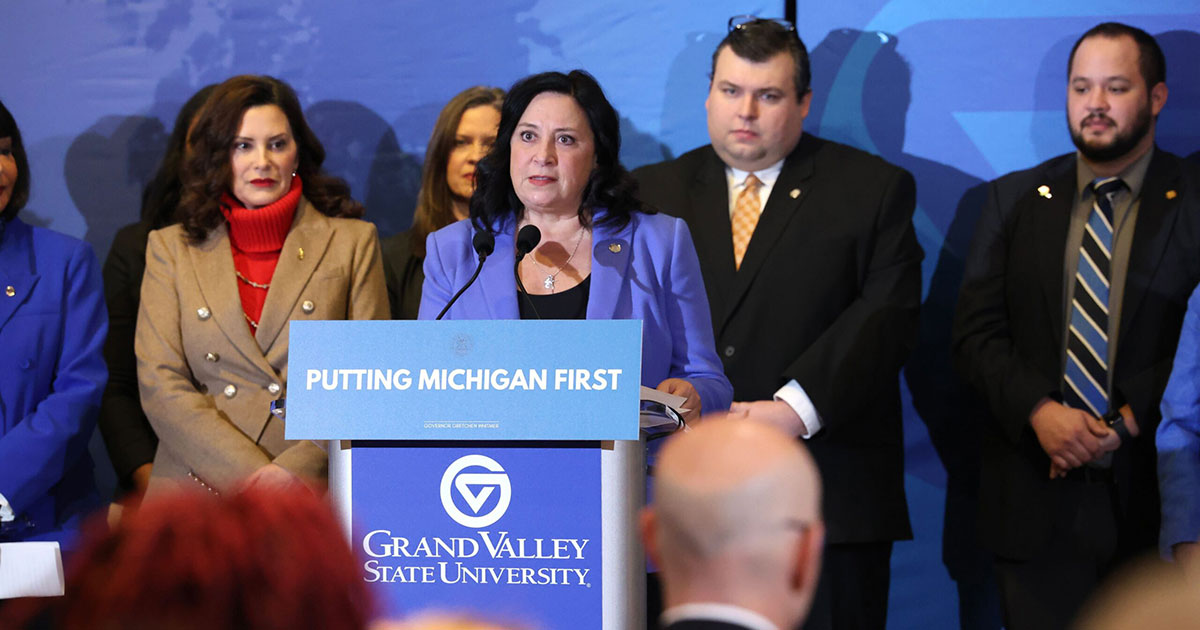 State Rep. Angela Witwer (Delta Township) speaks at the signing ceremony for two year-end budget bills on Monday, Dec. 18, 2023 at the Pew Campus of Grand Valley State University in Grand Rapids.