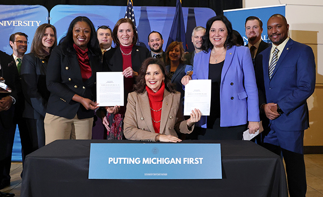 Governor Whitmer signed two year-end budget bills on Monday, Dec. 18, 2023 at the Pew Campus of Grand Valley State University in Grand Rapids.