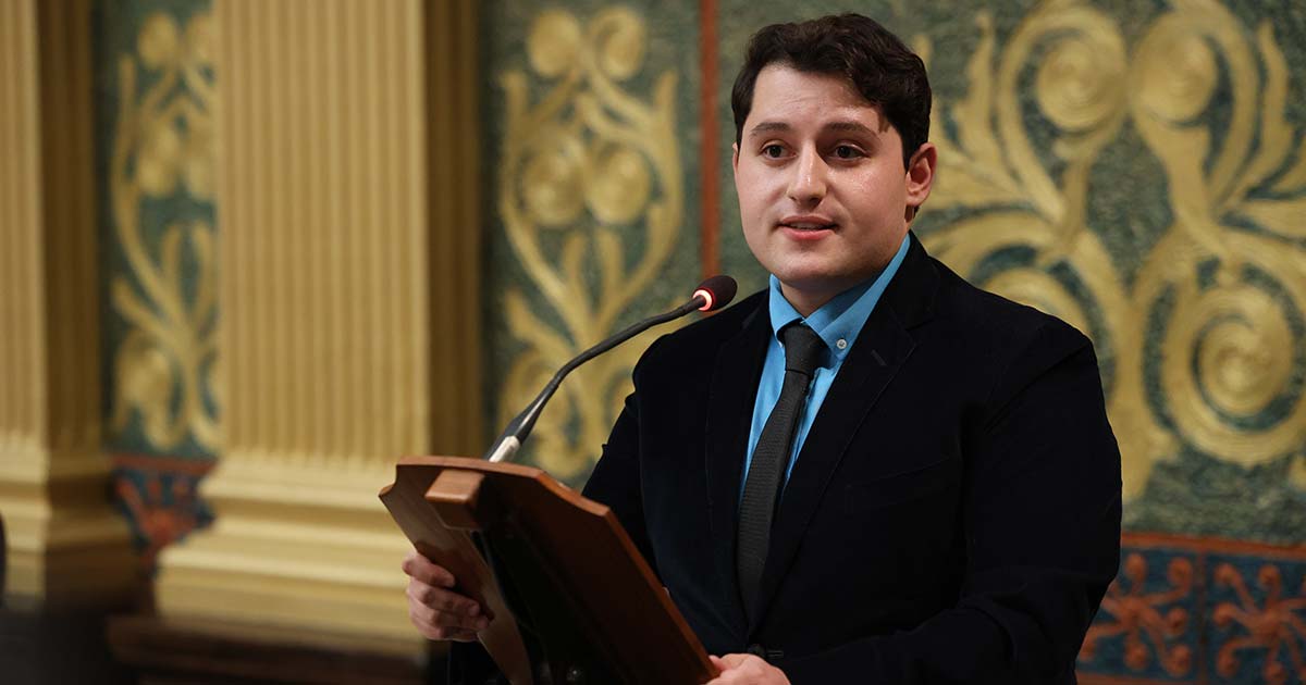 State Rep. Noah Arbit (D-West Bloomfield) speaks in favor of the Institutional Desecration Act on the House floor on June 20, 2023, at the state Capitol in Lansing. Gov. Gretchen Whitmer signed the bills into law last week.