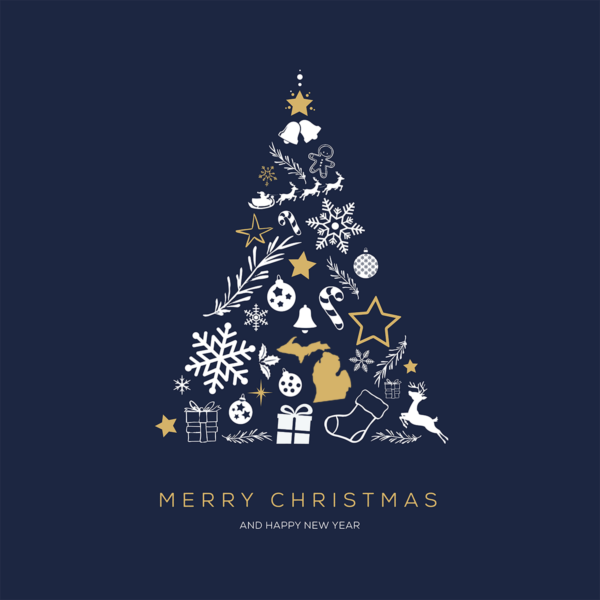 Collection of holiday icons arranged as a tree on navy background. Text below reads "Merry Christmas and happy new year" at the bottom.
