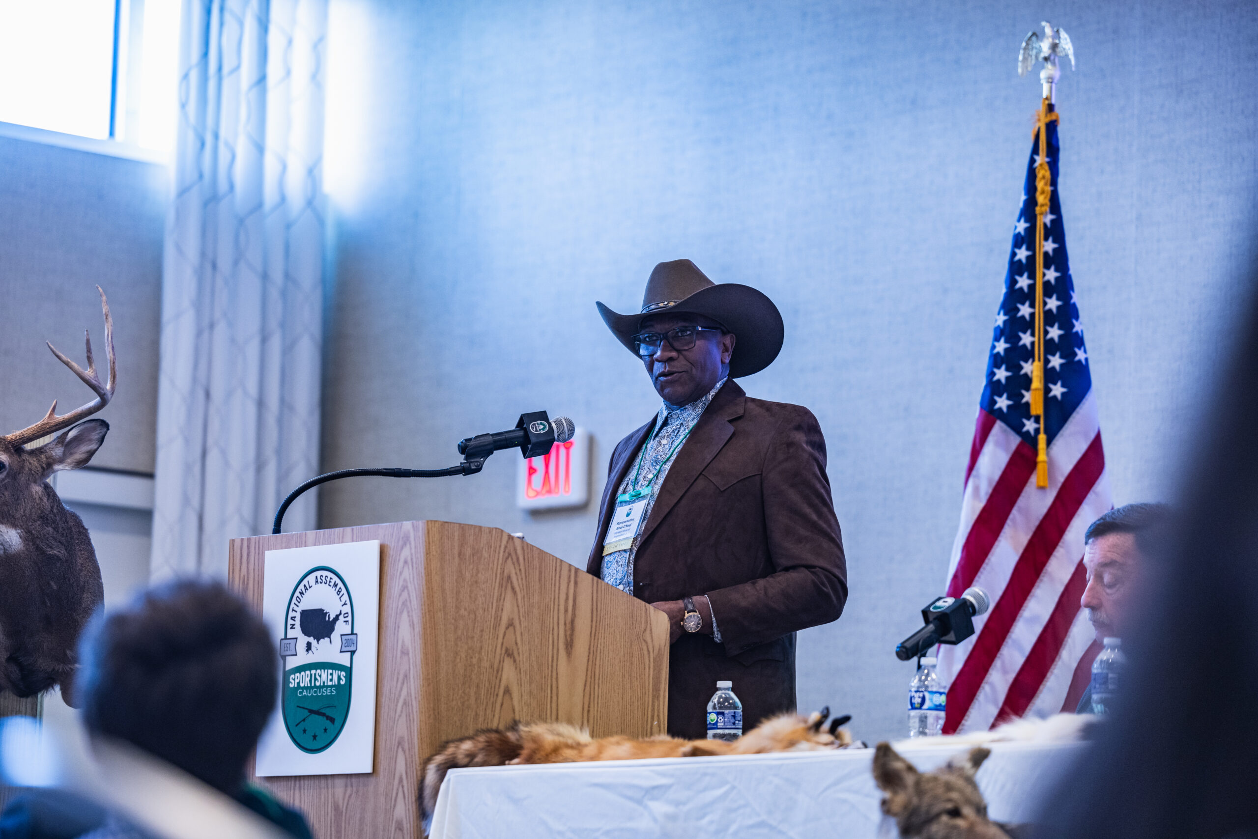 State Rep. Amos O’Neal (D-Saginaw) addresses the crowd for his candidacy to the National Assembly of Sportsmen’s Caucuses’ Executive Council at the 20th annual NASC Summit in Dewey Beach, Del., on Dec. 6, 2023.