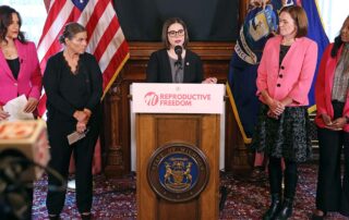 House Speaker Pro Tem Laurie Pohutsky (D-Livonia) speaks at the signing of House Bill 4949, one of the final pieces of the Reproductive Health Act, on Dec. 11, 2023, at the state Capitol in Lansing.