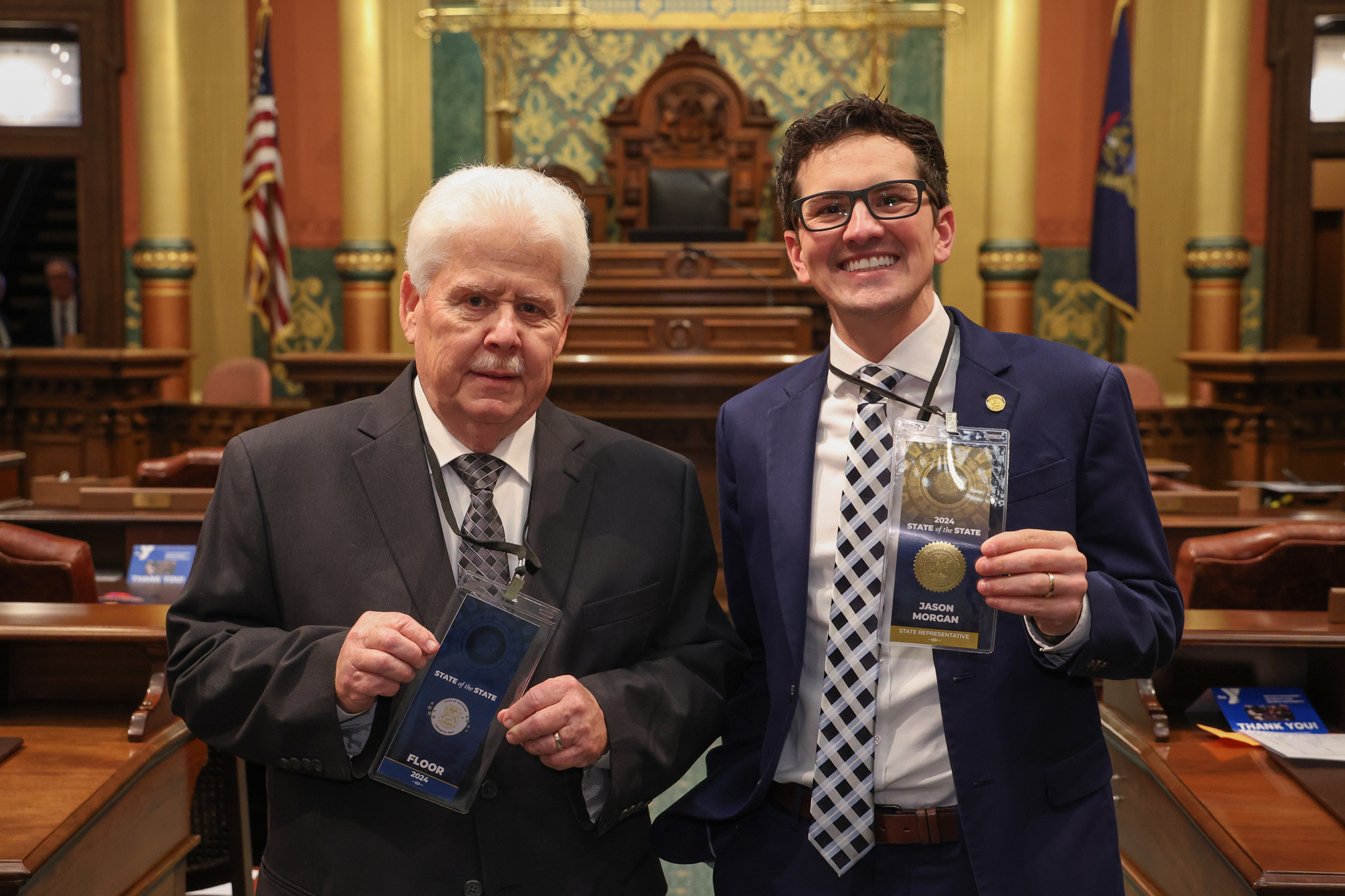 State Rep. Jason Morgan (D-Ann Arbor) was joined by South Lyon mayor Steve Kennedy at the Michigan Capitol on Wednesday, Jan. 24, 2024.