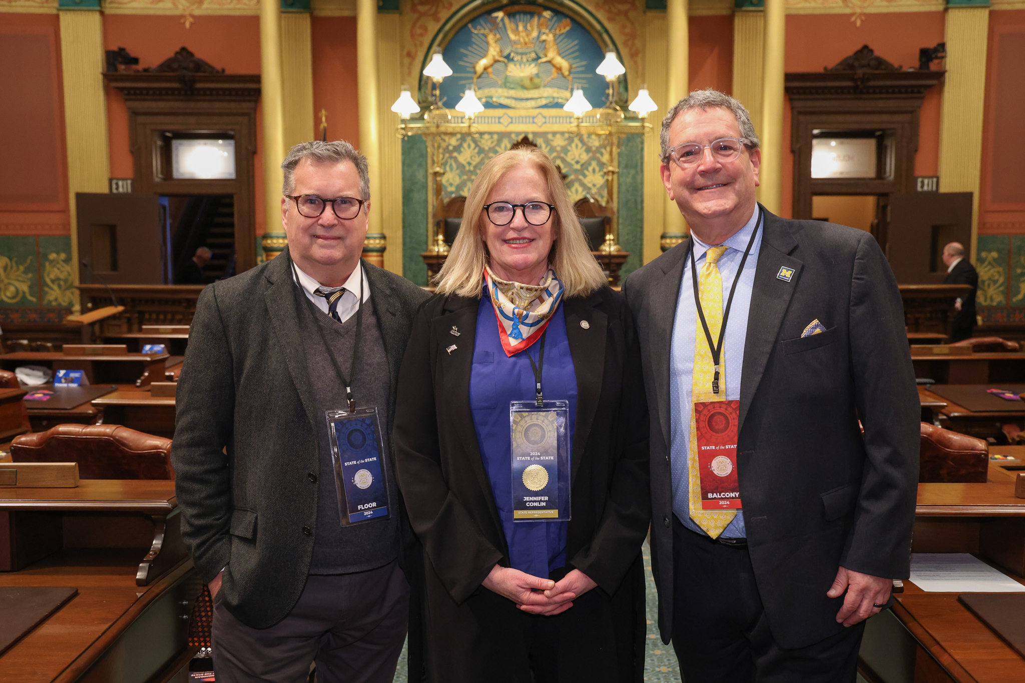 State Rep. Jennifer Conlin (D-Ann Arbor) was joined by her husband, Daniel Rivkin (right), and former editor for the New York Times, Stuart Emmrich (left), at the Michigan Capitol on Wednesday, Jan. 24, 2024.