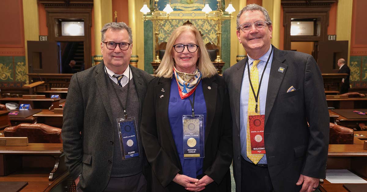 State Rep. Jennifer Conlin (D-Ann Arbor) was joined by her husband, Daniel Rivkin (right), and former editor for the New York Times, Stuart Emmrich (left), at the Michigan Capitol on Wednesday, Jan. 24, 2024.