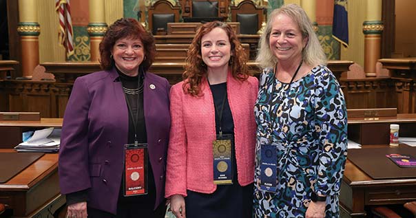 State Rep. Erin Byrnes (center) (D-Dearborn) was joined by Dearborn Heights City Clerk Lynne Senia (right) and Deaborn President Pro Tem Leslie Herrick at the Michigan Capitol on Wednesday, Jan. 24, 2024.