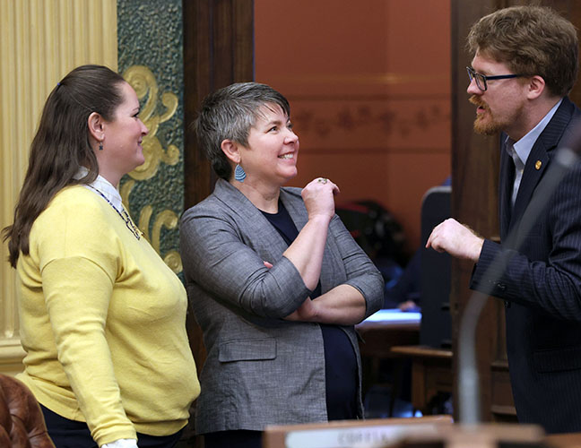 State Rep. Betsy Coffia (D-Traverse City) discussed legislation with other legislators on the House floor recently.