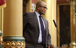 Speaker of the House Joe Tate (D-Detroit) presides over the first session day of the year on the House floor on Wednesday, Jan. 10, 2024, at the Michigan Capitol.