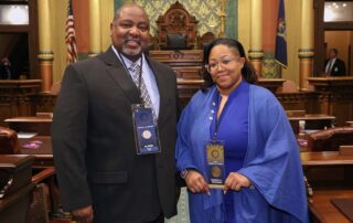 State Rep. Kimberly Edwards (D-Eastpointe) was joined by Detroit Police Commander Lawrence Purifoy and Pastor Kevin Lancaster at the Michigan Capitol on Wednesday, Jan. 24, 2024.