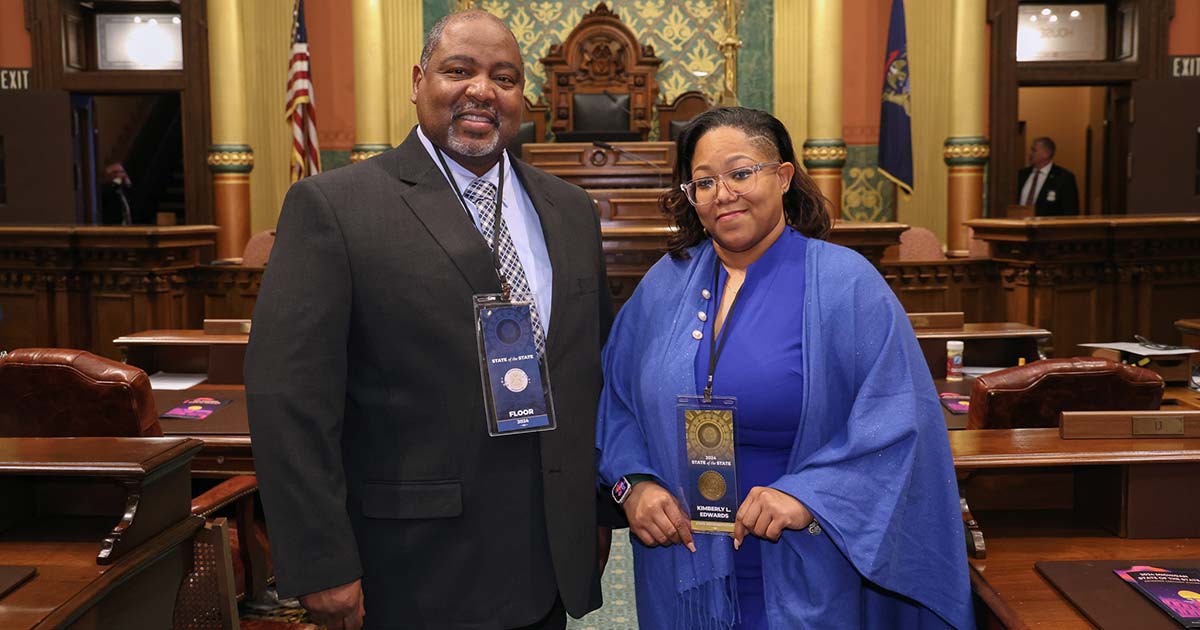 State Rep. Kimberly Edwards (D-Eastpointe) was joined by Detroit Police Commander Lawrence Purifoy and Pastor Kevin Lancaster at the Michigan Capitol on Wednesday, Jan. 24, 2024.