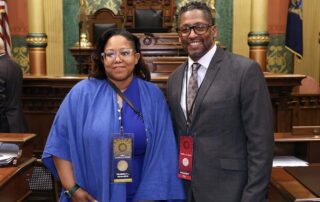 State Rep. Kimberly Edwards (D-Eastpointe) was joined by Detroit Police Commander Lawrence Purifoy and Pastor Kevin Lancaster at the Michigan Capitol on Wednesday, Jan. 24, 2024.