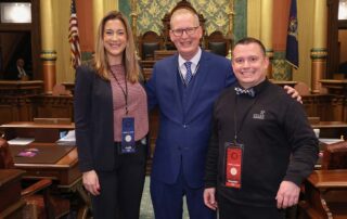 State Rep. Jim Haadsma (D-Battle Creek) was joined by Superintendent Becky Jones of Marshall Public Schools and Derek Allen of Starr Commonwealth at the Michigan Capitol on Wednesday, Jan. 24, 2024.