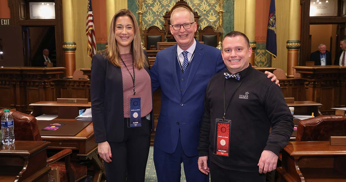 State Rep. Jim Haadsma (D-Battle Creek) was joined by Superintendent Becky Jones of Marshall Public Schools and Derek Allen of Starr Commonwealth at the Michigan Capitol on Wednesday, Jan. 24, 2024.