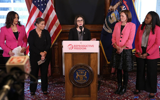 House Speaker Pro Tem Laurie Pohutsky (D-Livonia) speaks at the signing of House Bill 4949, one of the final pieces of the Reproductive Health Act, on Dec. 11, 2023, at the state Capitol in Lansing.