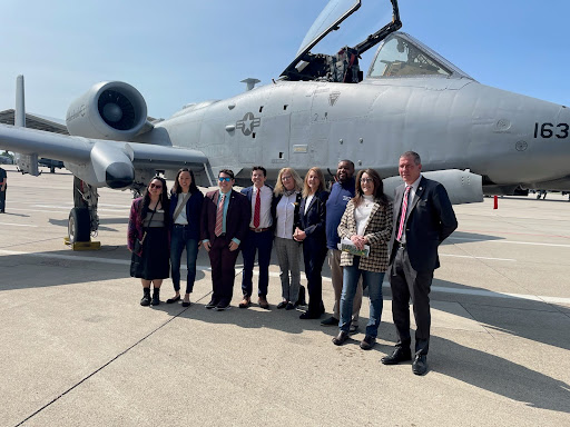 State Rep. Denise Mentzer stands with House and Senate colleagues at the Selfridge Air National Guard base on Monday, May 15, 2023.