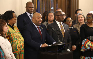 State Rep. Jason Hoskins (D-Southfield) speaks during a press conference on Wednesday, Feb. 14, 2024 at the state Capitol in Lansing.