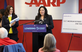 State Rep. Angela Witwer (Delta Township) speaks on the retirement tax rollback on Jan. 9, 2024 at AARP Michigan State Office.