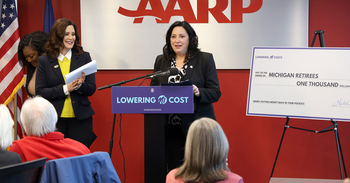 State Rep. Angela Witwer (Delta Township) speaks on the retirement tax rollback on Jan. 9, 2024 at AARP Michigan State Office.