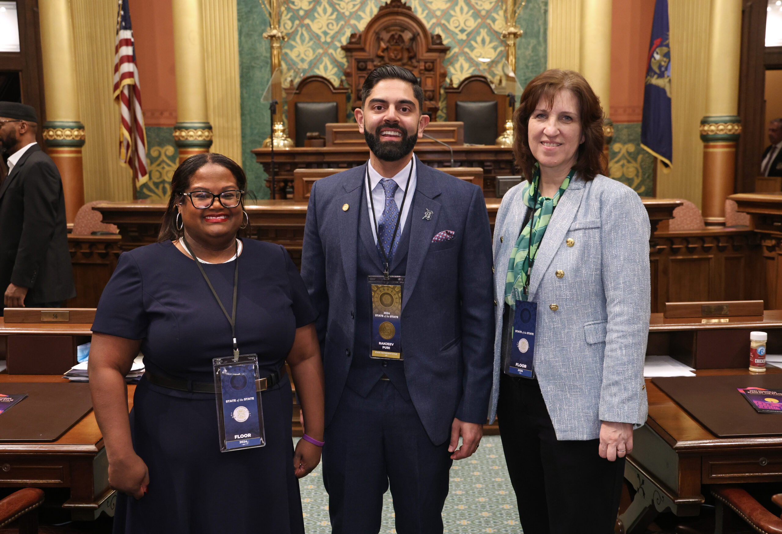 Rep. Puri stands with Canton Township Trustee Sommer Foster and Canton Township Supervisor Anne Marie Graham-Hudak on the Michigan House of Representatives Floor.