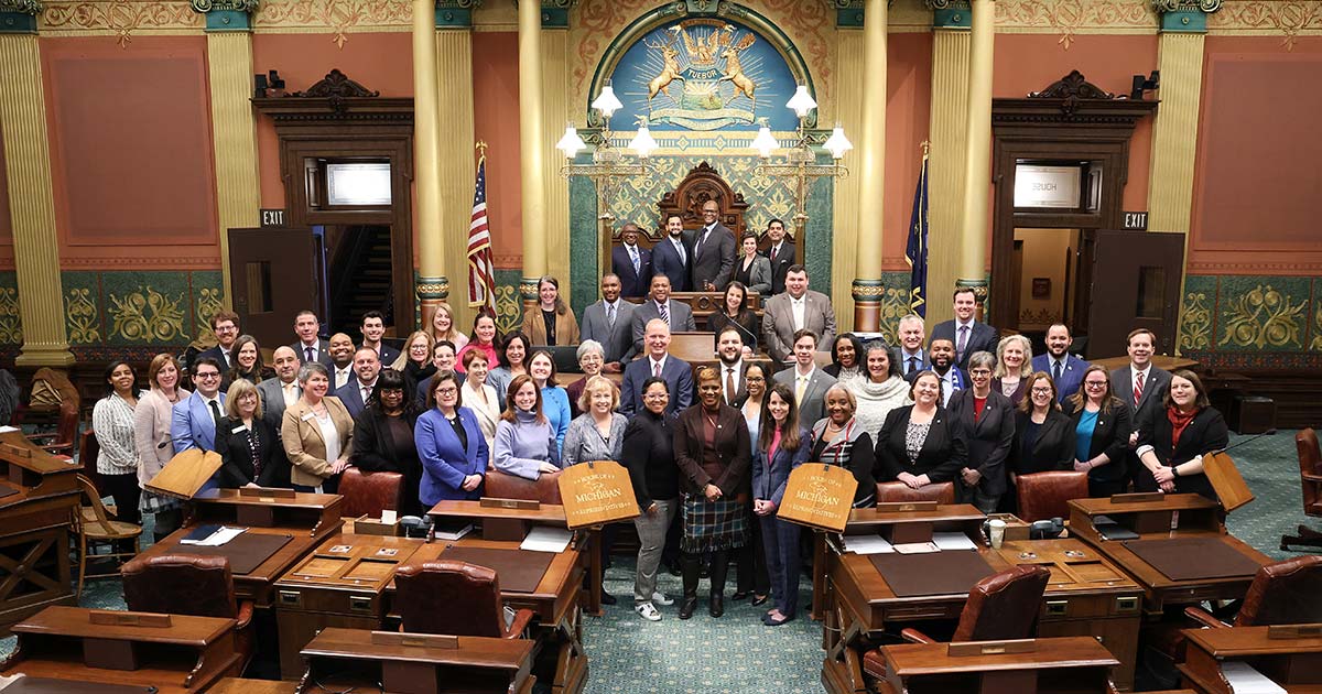 The 102nd Michigan House of Representatives Democratic Caucus in the House Chambers in Lansing.