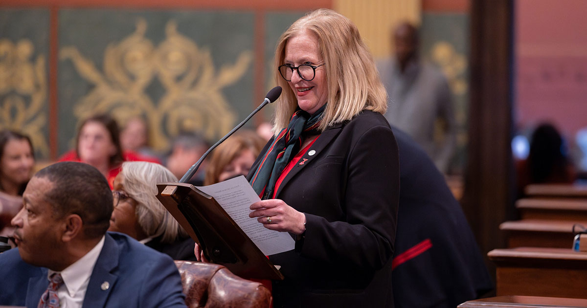 State Rep. Jennifer Conlin (D-Ann Arbor) speaks in support of her resolution declaring February 2024 as American Heart Month and designating Feb. 7, 2024, as National Wear Red Day, on Feb. 7 at the Michigan Capitol.