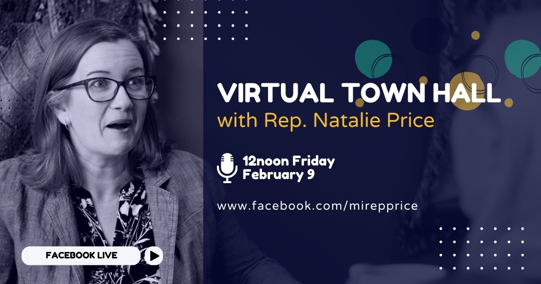 Graphic inviting constituents to Rep. Price's virtual town hall on Facebook Live on Friday, Feb. 9, from noon to 1pm.
