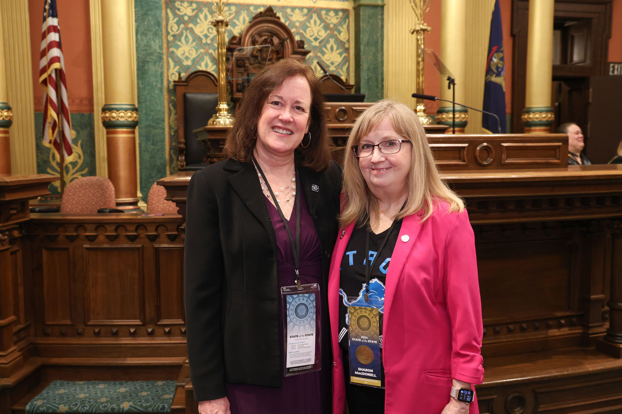 State Rep MacDonell with her guest to Governor Whitmer's State of the State, Troy City Council Mayor Pro Tem Ellen Hodorek.