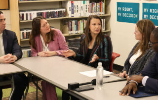 State Reps. Samantha Steckloff (D-Farmington Hills) and Penelope Tsernoglou (D-East Lansing), Lt. Gov. Garlin Gilchrist, medical professionals, students and community members held a roundtable discussion on the topic of reproductive rights and fertility freedoms, including ensuring the right to in vitro fertilization (IVF) on March 18, 2024, at East Lansing public library.