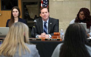 Chair Matt Koleszar (D-Plymouth) presides over the remote education committee at Sterling Heights High School, March 11, 2024.