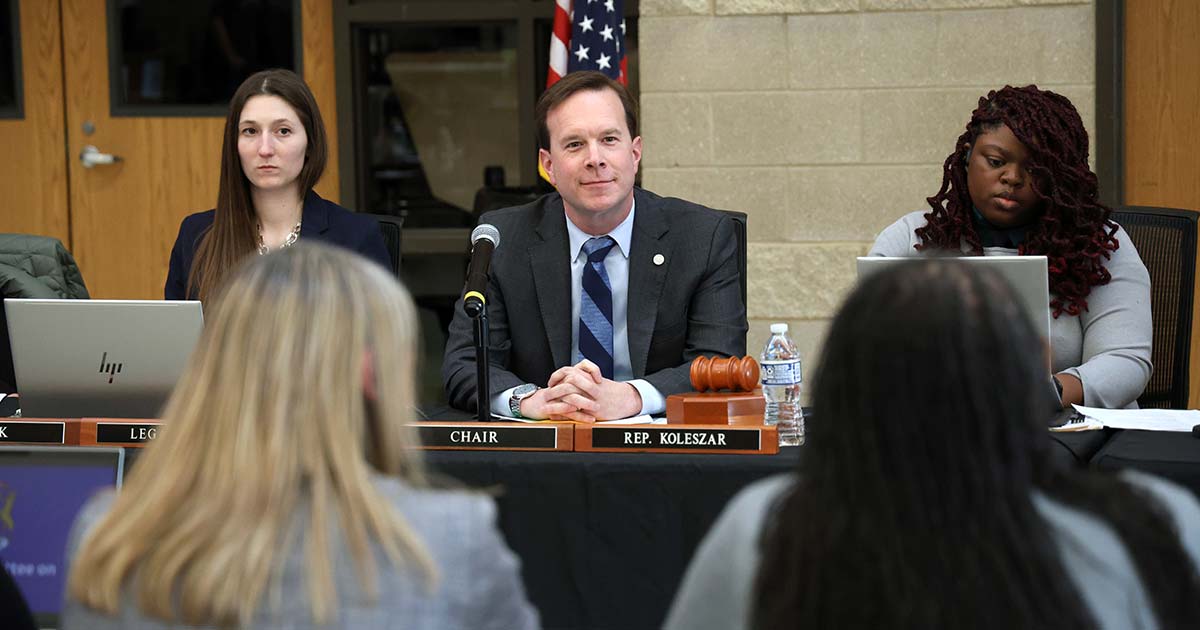 Chair Matt Koleszar (D-Plymouth) presides over the remote education committee at Sterling Heights High School, March 11, 2024.
