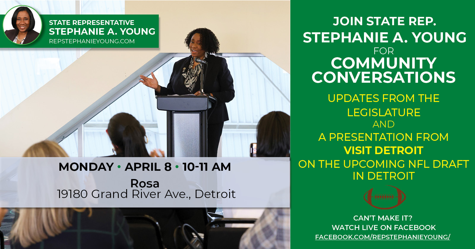 Graphic for April Community Conversation. Rep. Young at the Podium, pictured. 