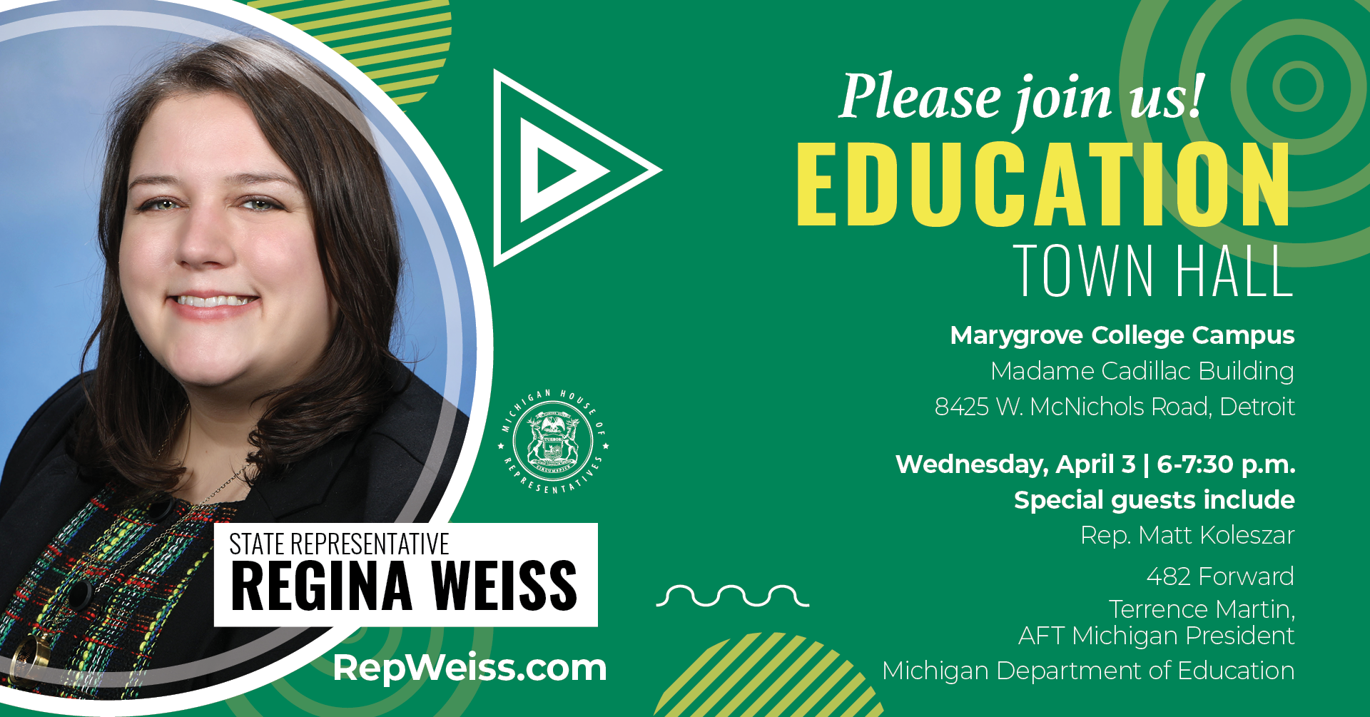 Graphic announcing Upcoming Education Town Hall, Rep Weiss pictured. 