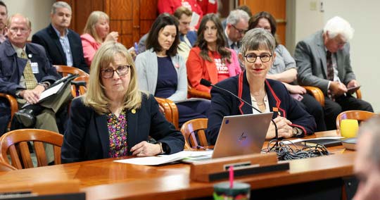 State Reps. Sharon MacDonell (D-Troy), left, and Julie Brixie (D-East Lansing) testify in the House Education Committee on April 23, 2024, in the House Office Building.