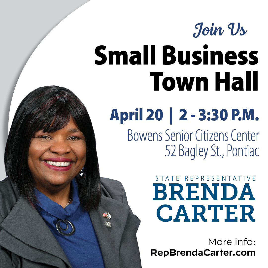 Graphic with white background and blue writing, announcing the event; Rep. Brenda Carter is pictured 