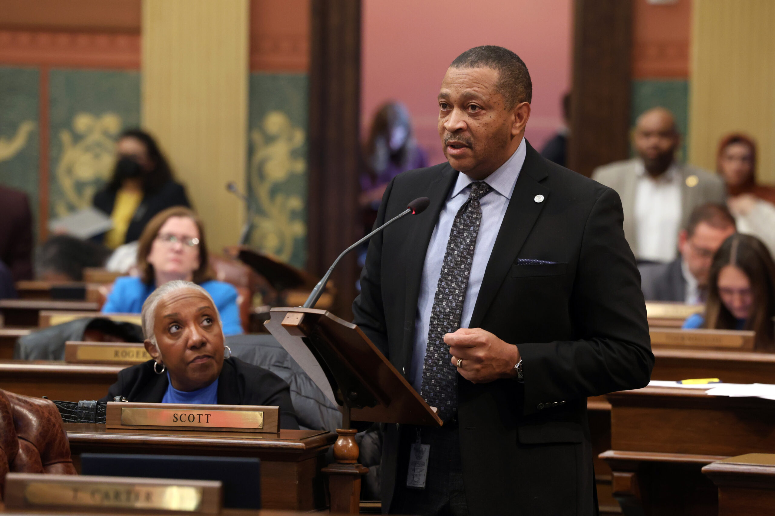 State Rep. Tyrone Carter (D-Detroit) delivers a speech on the House floor, March 18, 2024.